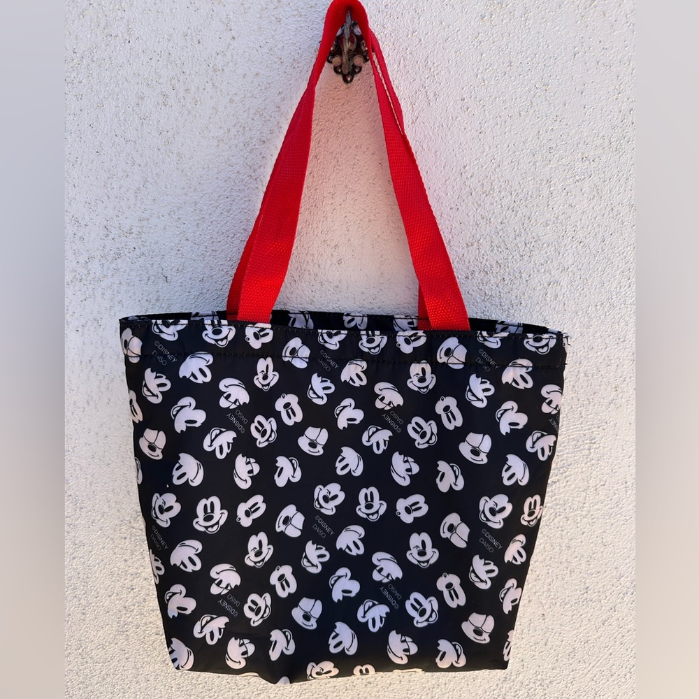 Disney Black Tote Bag with White Mickey Faces and Red Handles